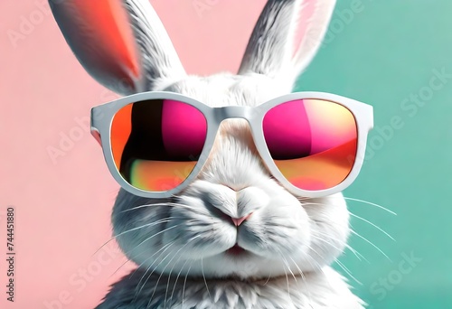 Abstract clip-art of White Rabbit wearing trendy sunglasses. Contemporary colourful background. Copy space. Summer minimalism. For posters, planners, web, landing page, illustration. AI generated