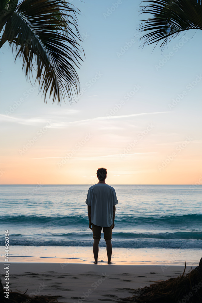 Silhouette of a Young Man Exploring the Beauty of a Serene Beach at Sunset
