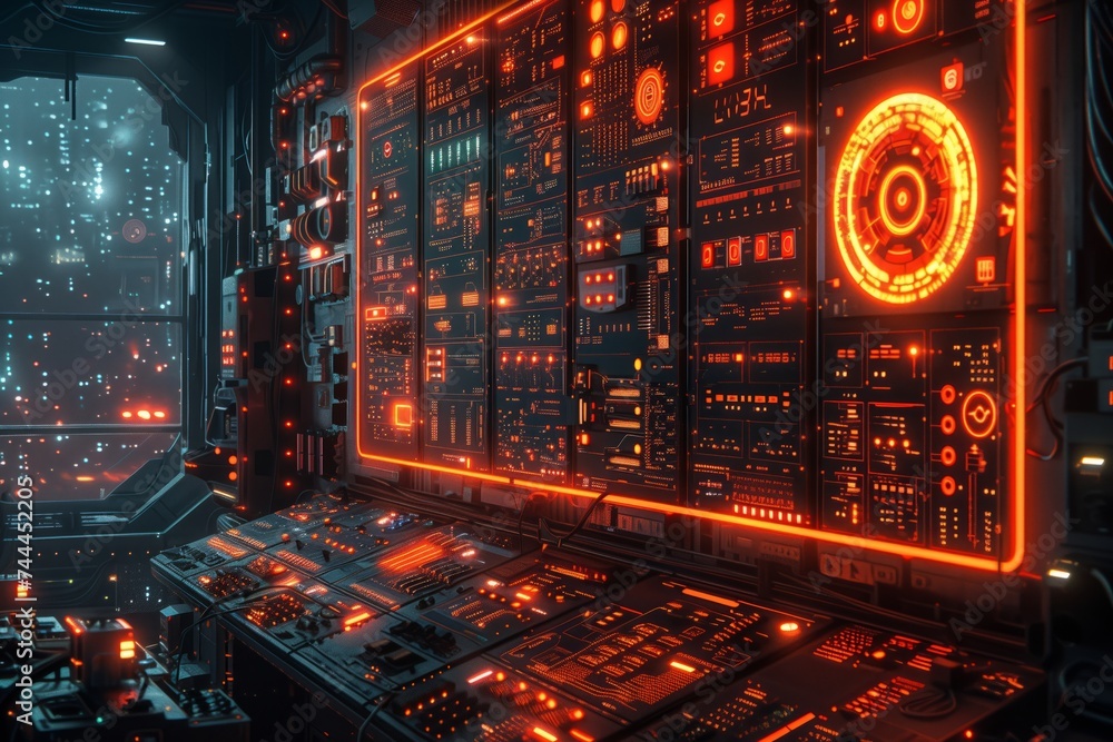 a futuristic room with a lot of electronics and a large screen . High quality