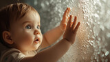 A playful high-definition snapshot featuring a baby reaching out to touch a textured surface, their curious expression and outstretched fingers creating a visually enchanting scene.
