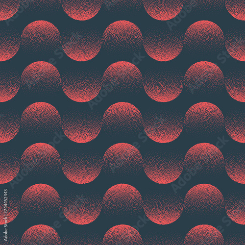 Red Circles Wavy Structure Seamless Pattern Trend Vector Abstract Background. Half Tone Art Illustration for Elegant Textile Print. Endless Graphic Rhythmic Abstraction Wallpaper Dot Work Texture