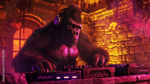 DJ gorilla, disc jockey monkey pointing and playing music on turntables