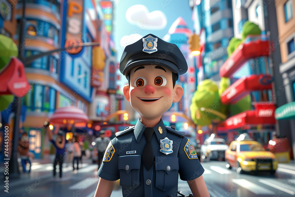 3D render of a cartoon caricature of a joyful police officer, with a friendly expression, in a vibrant cityscape. 3D render of a cartoon caricature of a joyful police officer, with a friendly expression, in a vibrant cityscape.