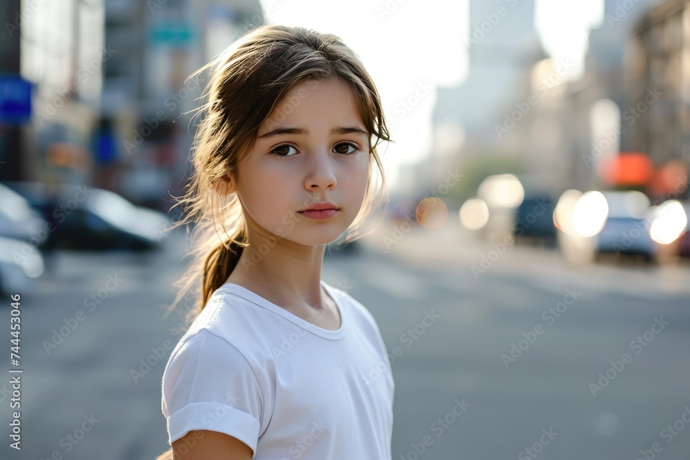 Very young, skinny girl in a plain white t-shirt with an urban backdrop. Ai Generated. Very young, skinny girl in a plain white t-shirt with an urban backdrop. Ai Generated.