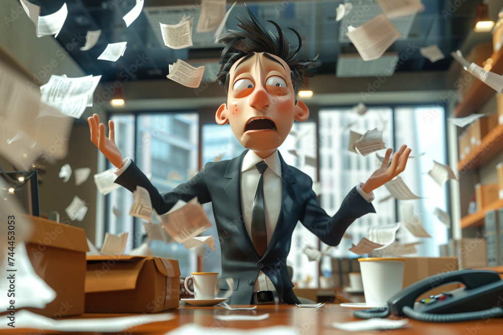 Animated 3D caricature of an overwhelmed businessman surrounded by flying papers, huge coffee cup, and ringing phones, comic exaggeration of busyness. - obrazy, fototapety, plakaty 