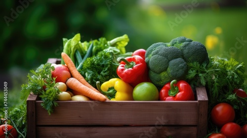 Colorful vegetables neatly arranged in a rustic wooden box. Ai Generated.