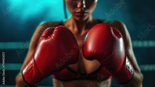 Woman boxer in red gloves commands attention against a dark background. Ai Generated.