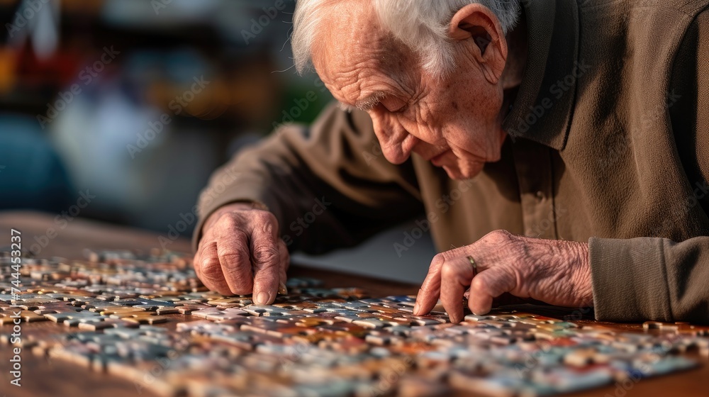 An elderly man engrossed in the task of putting together a thoughtful puzzle. Ai Generated. An elderly man engrossed in the task of putting together a thoughtful puzzle. Ai Generated.