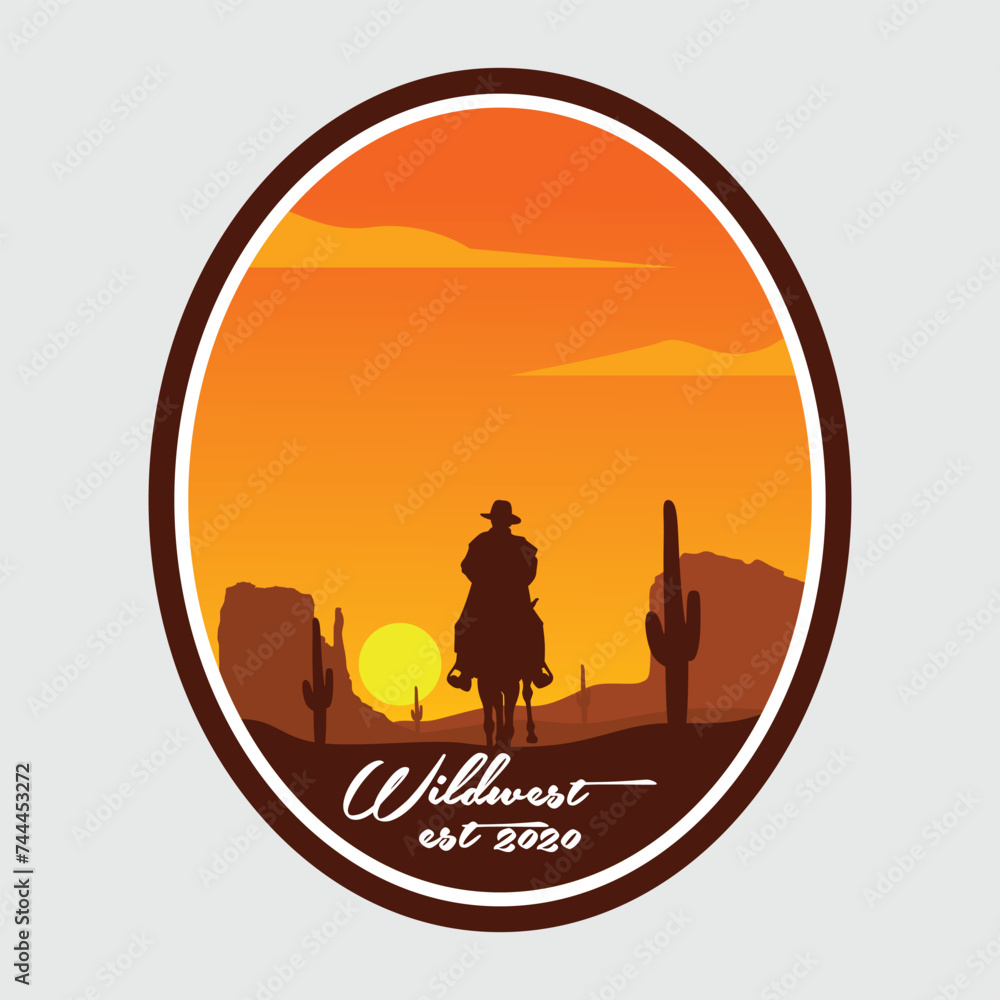 Cowboy Horse Wild West Silhouette Sun Set Badge Icon