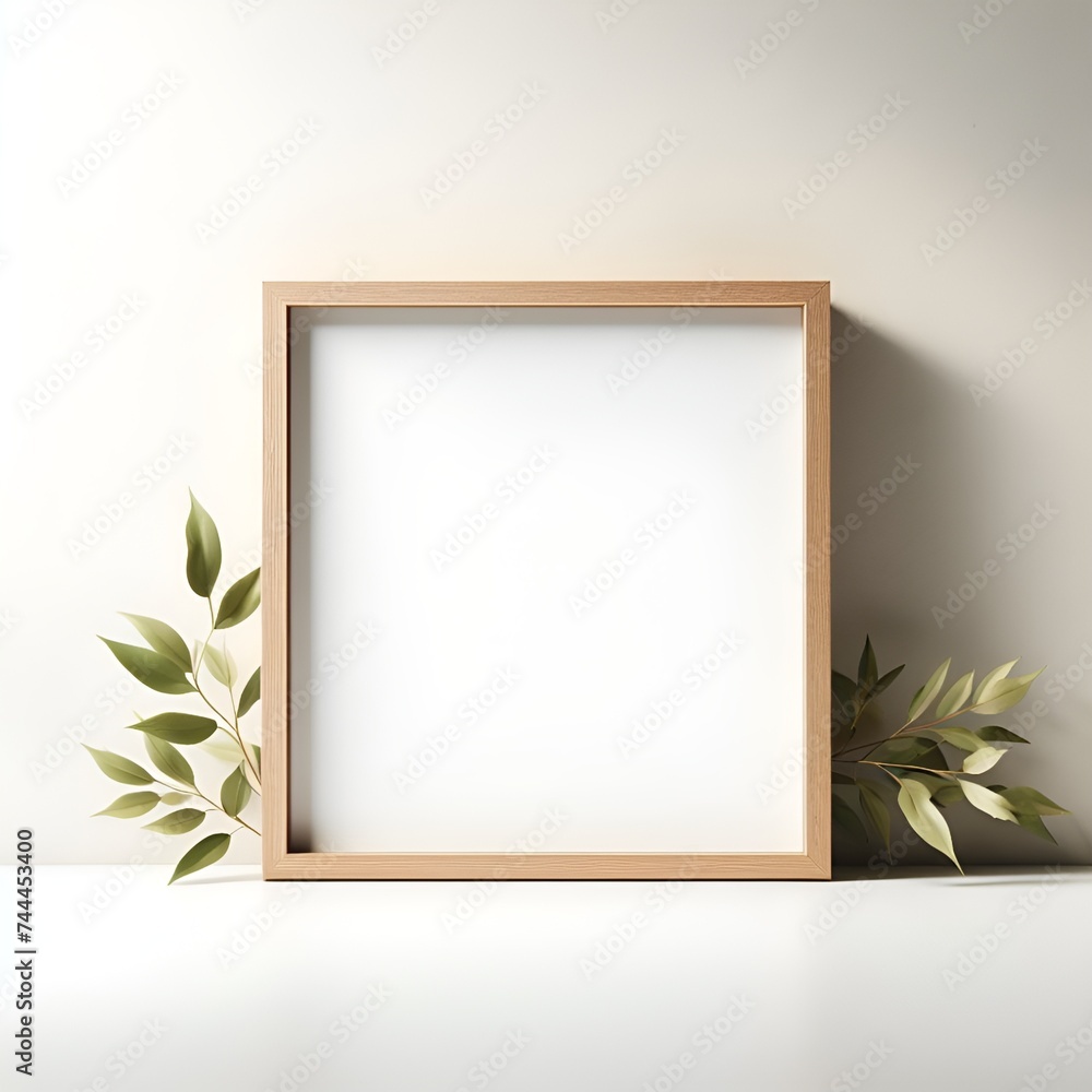 Brown Wooden Frame Mockup on Bright pastel Color Wall Living Room, Frame Mockup with Blank Empty Space Brown Wooden Frame Mockup on Bright pastel Color Wall Living Room, Frame Mockup with Blank Empty Space