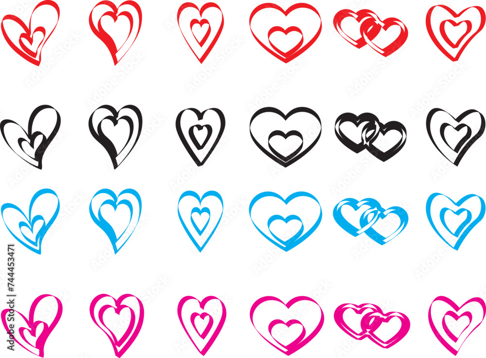 Doodle hearts sketch set. Various different hand drawn heart icon love collection isolated on white background. Red heart symbol for Valentines