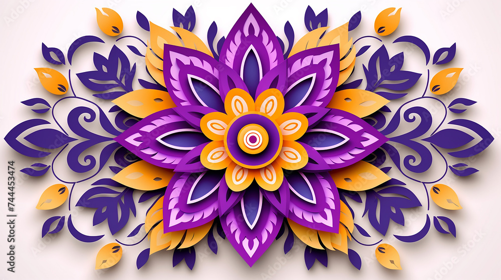 diwali festival holiday design with purple yellow paper cut style on white background