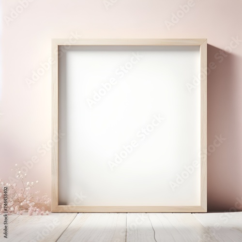 White Wooden Frame Mockup with Blank Empty Space on Bright Pastel Color Wall, Vintage Wooden Frame Mockup with Empty Space