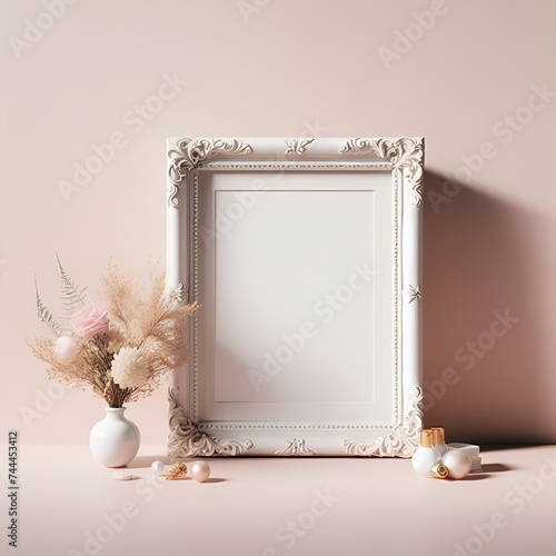 White Wooden Frame Mockup with Blank Empty Space on Bright Pastel Color Wall, Vintage Wooden Frame Mockup with Empty Space