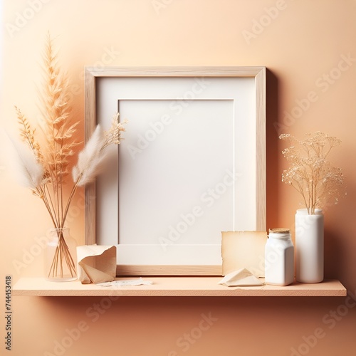 Vintage Wooden Frame Mockup on Pastel Color Wall, Blank Empty Frame Mockup with Space