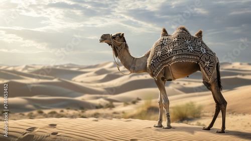 A regal camel adorned with intricate patterns of dust, standing tall against the backdrop of vast desert dunes, embodying the spirit of endurance. © alishba Lishay