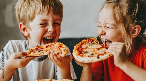 The kids  uncontainable excitement for their pizza is evident as they eagerly relish the flavors with every bite.