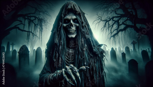 A closeup shot of a scary skeleton figure, draped in tattered black robes, with intricate silver jewelry glinting in the dim, otherworldly light - Generative AI photo