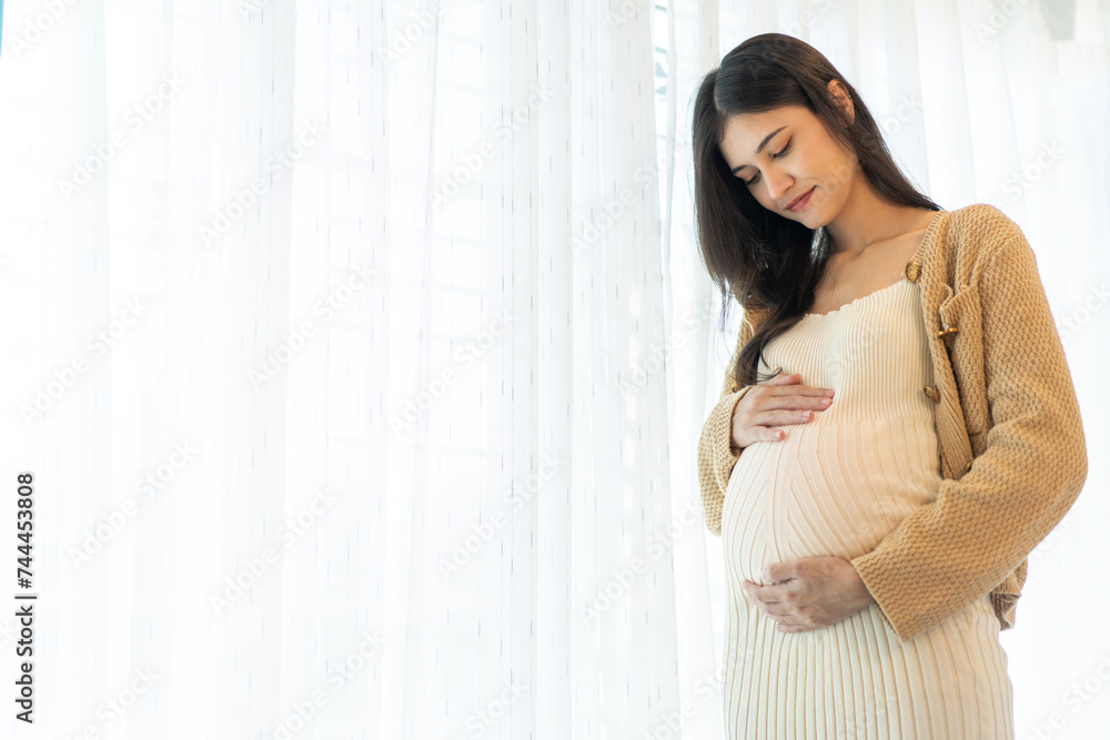 Happy smiling Mother woman hugging and smiling expecting with pregnancy hold baby in belly, woman pregnant, birth, preparation, maternity, care with childbirth at home.Love of family Happy smiling Mother woman hugging and smiling expecting with pregnancy hold baby in belly, woman pregnant, birth, preparation, maternity, care with childbirth at home.Love of family