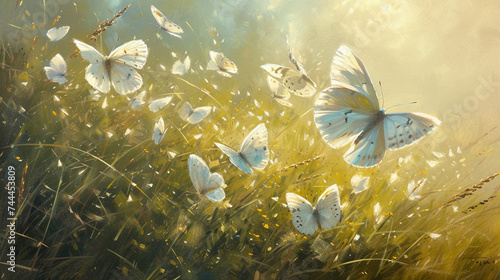 A serene scene of butterflies flitting among sun-drenched grass, their graceful movements creating patterns of light and shadow on the ground, as they explore their idyllic habitat 