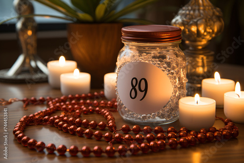 Candle with number eighty nine, pearl necklace with blurred background photo