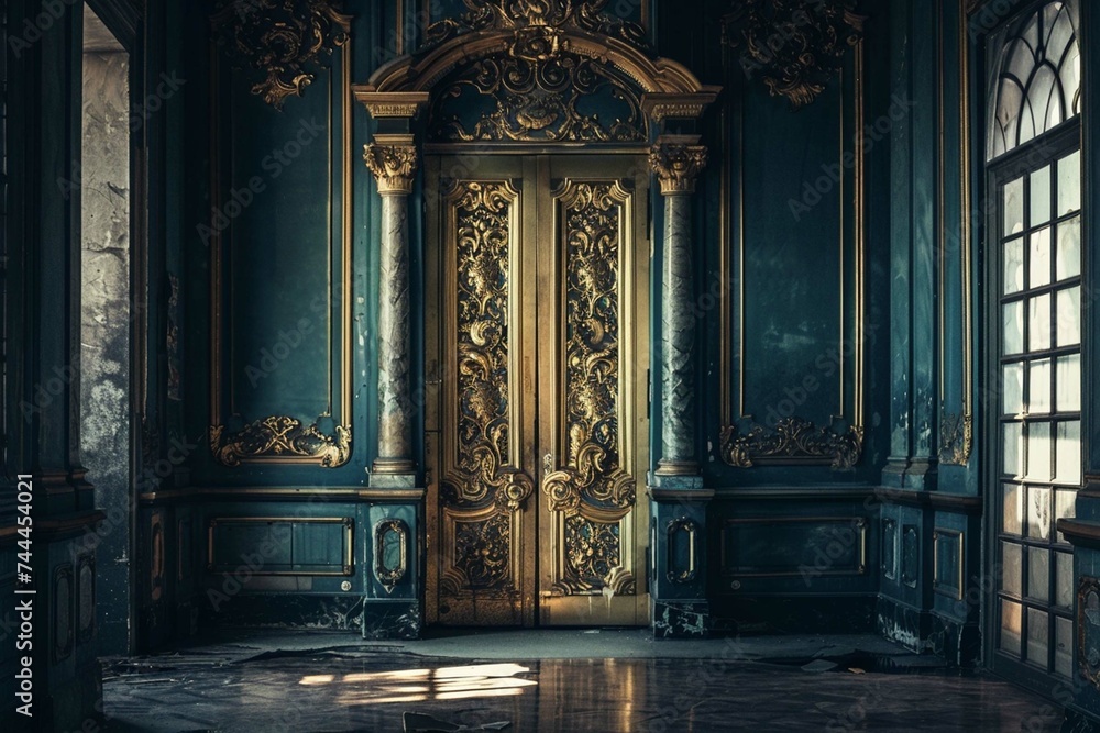 Beautiful gilded door, baroque style, in a gloomy mysterious corridor - obrazy, fototapety, plakaty 