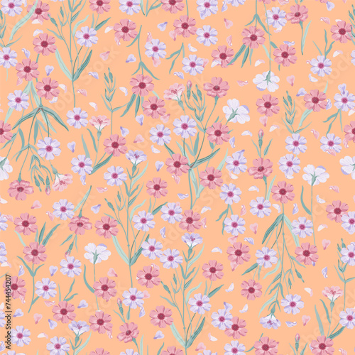 Cute floral pattern. Seamless vector texture. An elegant template for fashionable prints. Print with lilac and pink flowers on a corral background.