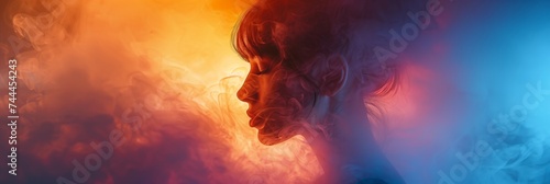 profile emerges from a mesmerizing blend of warm and cool smoke, symbolizing the dual nature of serenity and passion in a dance of color and light