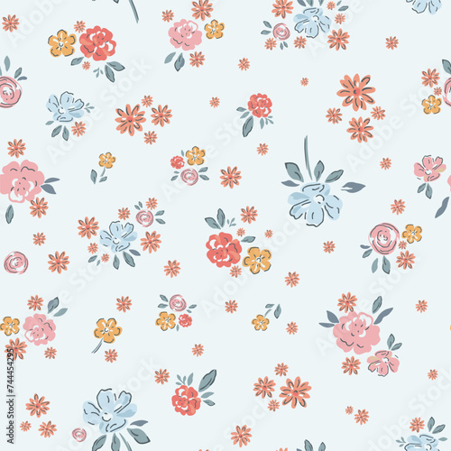 Delicate watercolor seamless pattern depicting pink, blue and orange wildflowers on a light background.