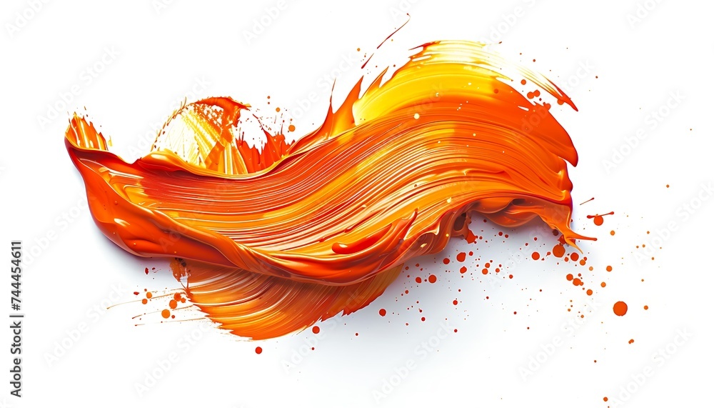 "Vibrant orange stroke of thin paint texture, isolated on a crisp white background, adds dynamic flair." - obrazy, fototapety, plakaty 