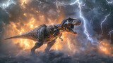 Lone Tyrannosaurus Rex stands tall amidst a raging lightning storm