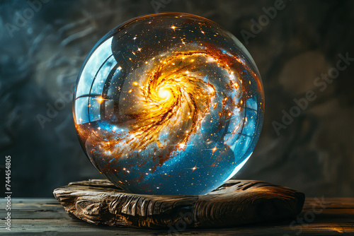 universe in small glass sphere, AI generated photo