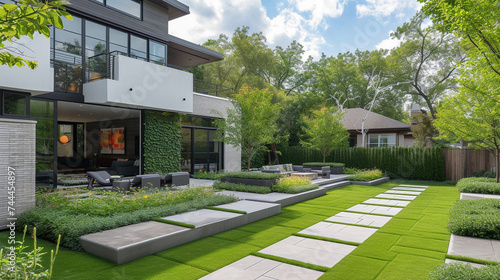 A sleek suburban dream home with AI-controlled garden sprinklers, lush greenery, and perfectly manicured lawns, exuding modernity and sophistication. © alishba Lishay