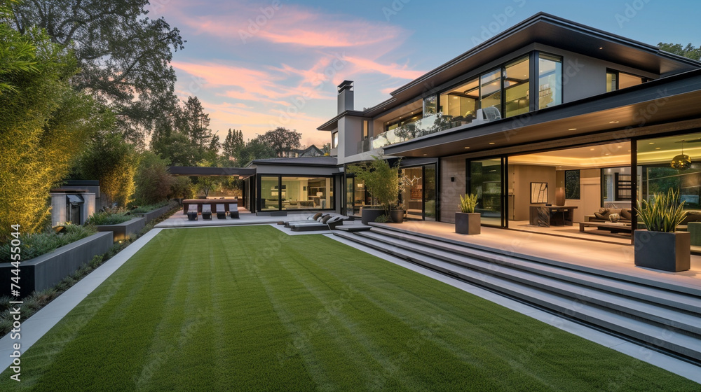A sleek suburban dream home with AI-controlled garden sprinklers, lush greenery, and perfectly manicured lawns, exuding modernity and sophistication.