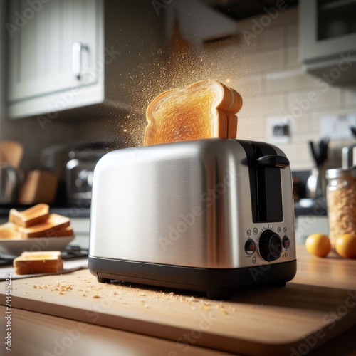 Clean, chromed toaster pops out a cooked slice of toast
