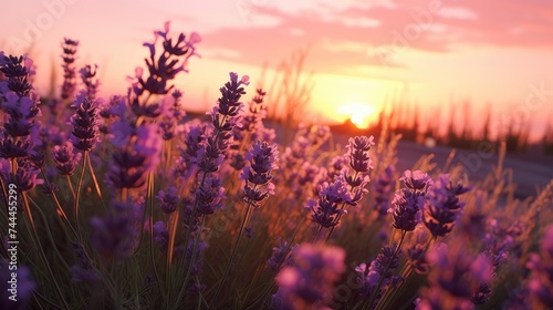 The lavender flower blooms in fragrant fields in endless rows. A lavender field in the soft sunset sunlight. © Cherkasova Alie