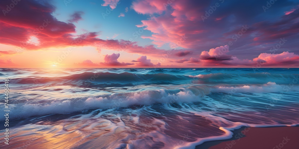 Gentle hues of sunrise casting enchanting beauty over the ocean landscape. Concept Sunrise Photography, Ocean Scenery, Enchanting Colors, Coastal Landscape
