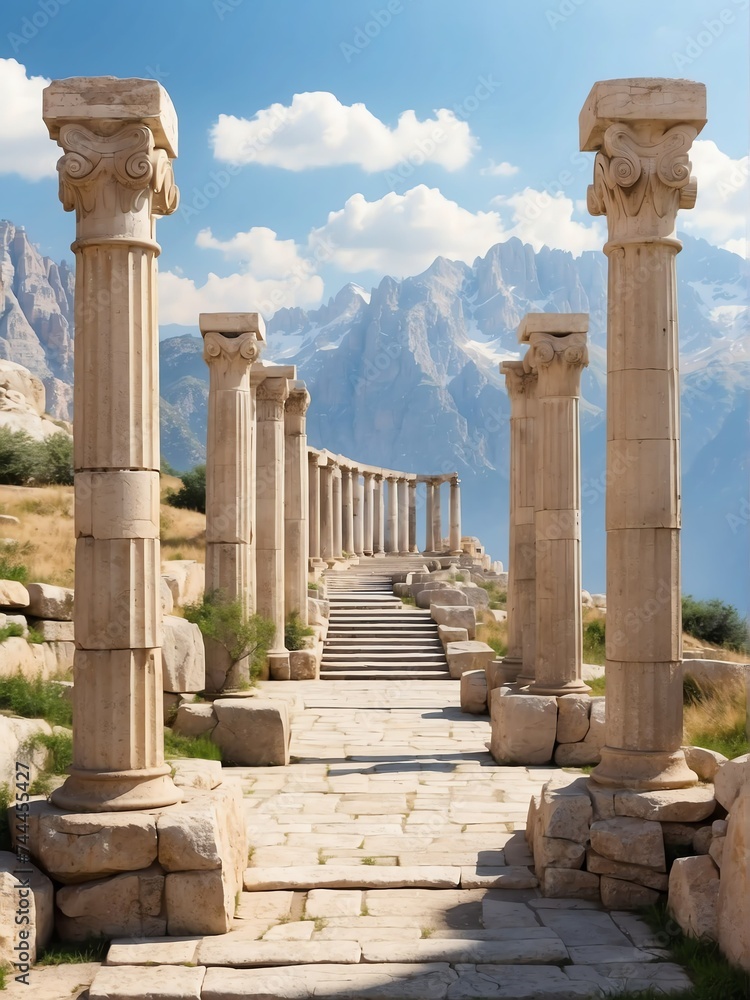 Walkway with ancient roman columns at mountains from Generative AI Walkway with ancient roman columns at mountains from Generative AI