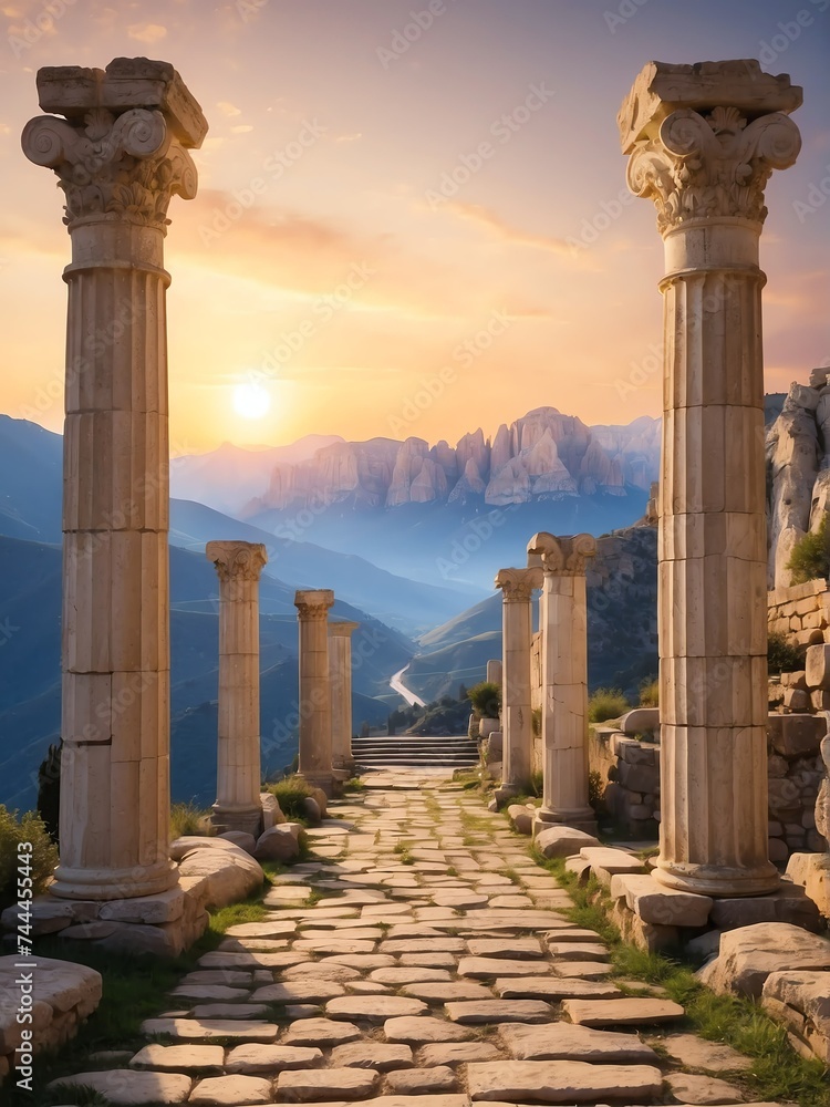 Walkway with ancient roman columns at mountains at sunset from Generative AI - obrazy, fototapety, plakaty 
