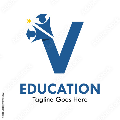 Letter v with people hat graduation design logo template illustration. suitable for education, identity
