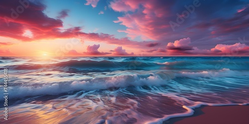Gentle hues of sunrise casting enchanting beauty over the ocean landscape. Concept Sunrise Photography, Ocean Scenery, Enchanting Colors, Coastal Landscape