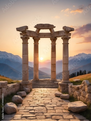 Walkway with ancient roman columns at mountains at sunset from Generative AI
