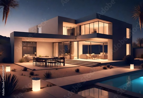 A house at desert landscaping at night time, Outdoor seating. AI generated © Muhammad