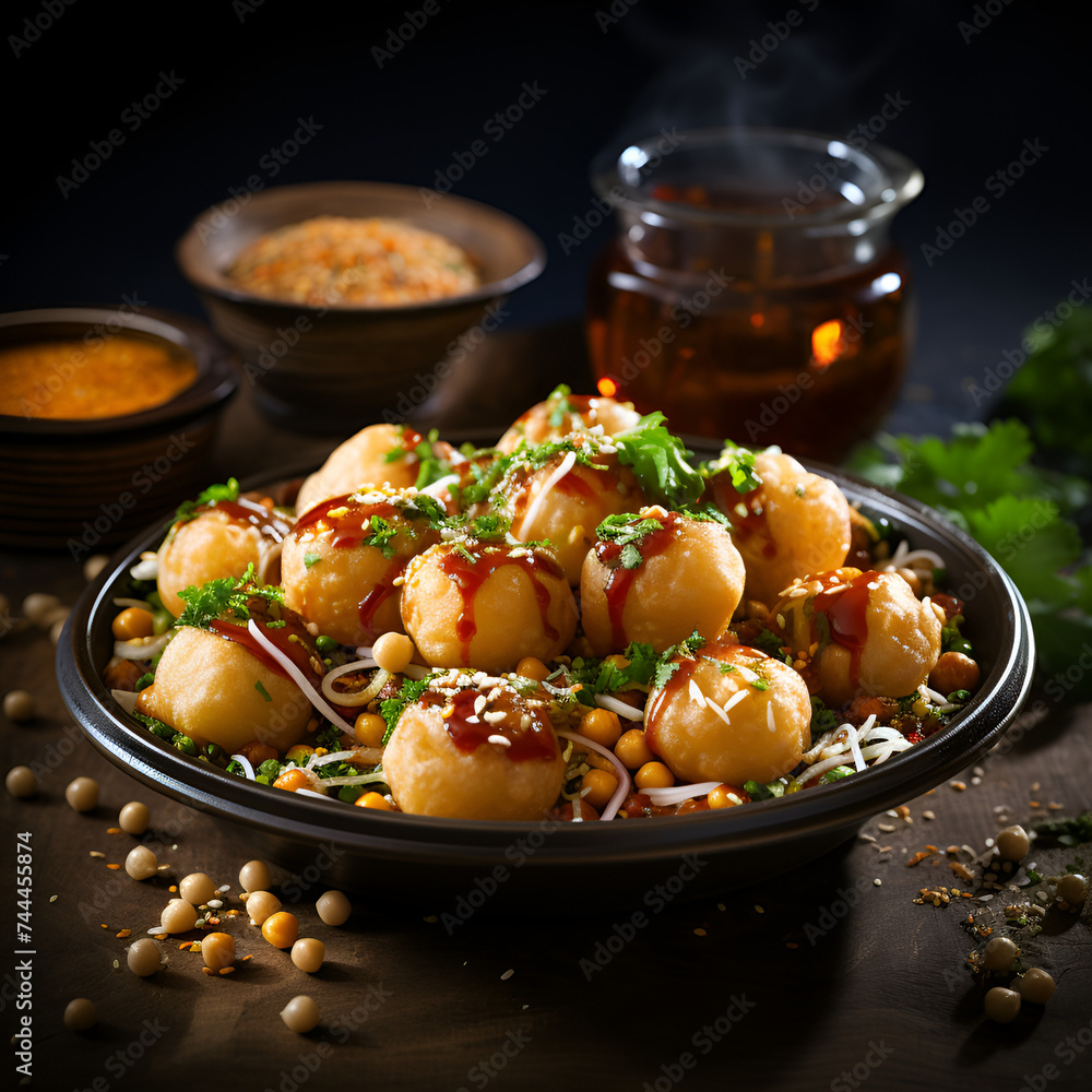 Pani Puri or panipuri, Golgappe or gol gappe, Chat item, India, Delicious favorite north and south indian street food pani puri gol gappa with tamarind water served in white Bowl, Generative Ai  - obrazy, fototapety, plakaty 