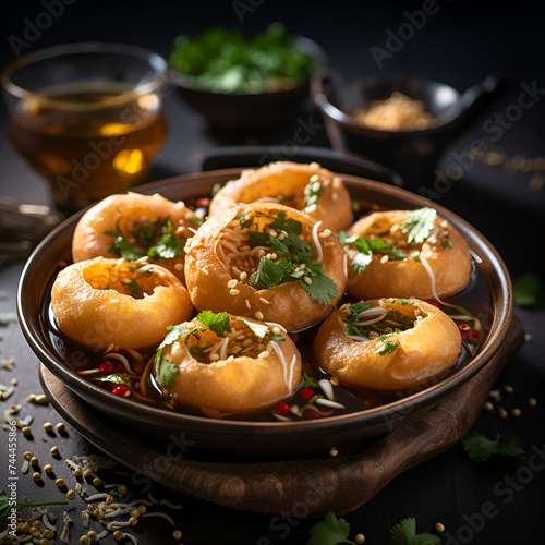 Pani Puri or panipuri, Golgappe or gol gappe, Chat item, India, Delicious favorite north and south indian street food pani puri gol gappa with tamarind water served in white Bowl, Generative Ai 