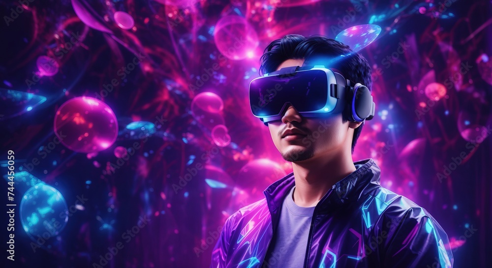 Asian man wearing a virtual reality headset in mystical world, glowing neon hologram background Asian man wearing a virtual reality headset in mystical world, glowing neon hologram background