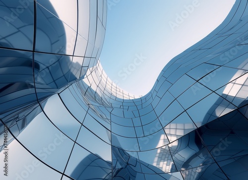 Glass facade of futuristic building with electric blue sky in background