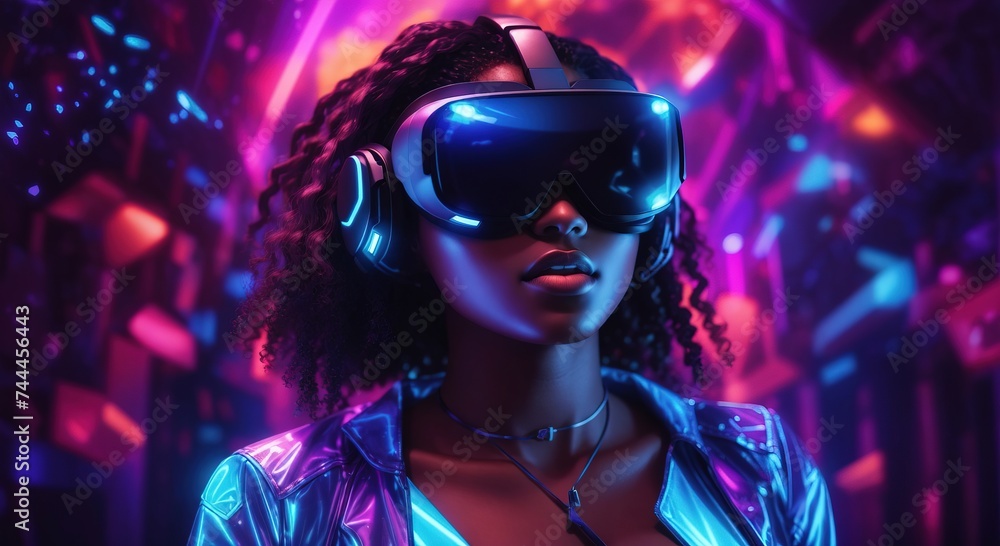 Black woman wearing a virtual reality headset in mystical world, glowing neon hologram background