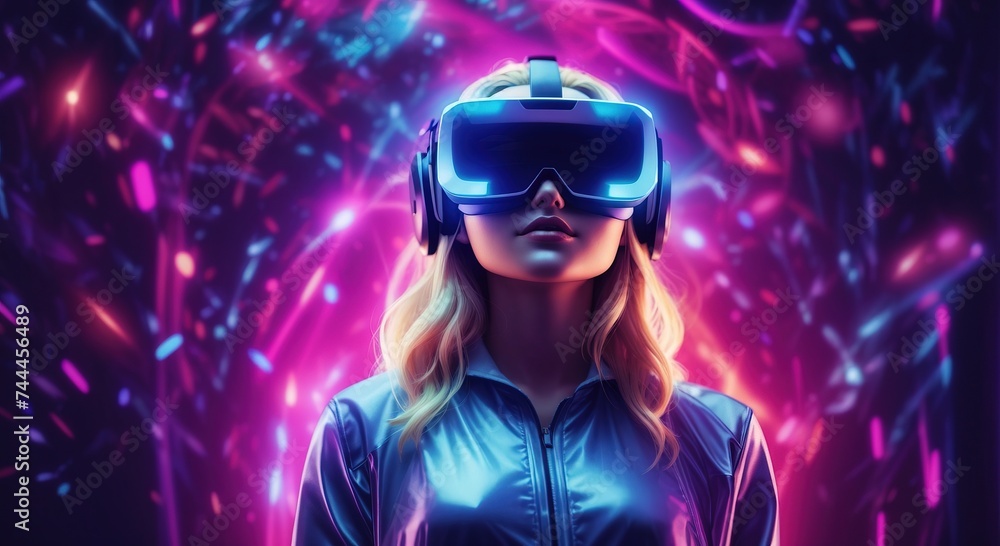 Blonde woman wearing a virtual reality headset in mystical world, glowing neon hologram background Blonde woman wearing a virtual reality headset in mystical world, glowing neon hologram background