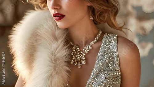 A shimmering silver sequin dress with a matching fur stole and delicate pearl accessories reminiscent of old Hollywood glamour. photo